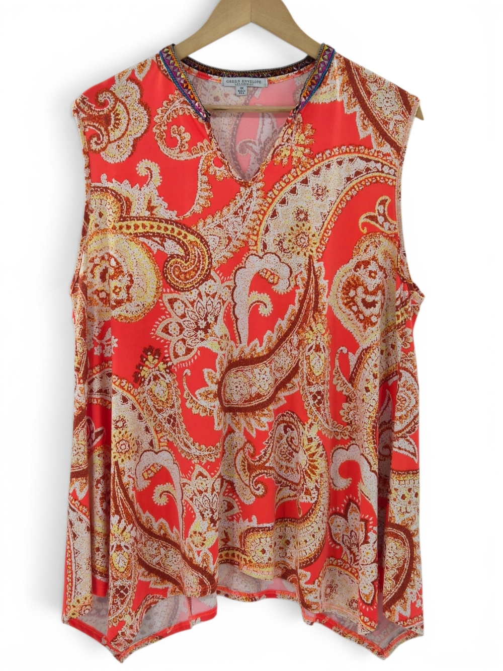 Paisley‎ Tunic Top Sleeveless 3X Coral Orange Resort Sharkbite Hem Made in USA